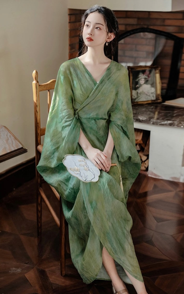 Whispering Willow – Flowing Jade Green Robe Dress